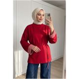 Kirazca Butik Kadın Çizgi Detaylı Yaka ve Geniş Manşetli Kuşaklı Tunik 70 cm