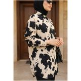 Kirazca Butik Kadın Premium Kontrast Desenli Oversize Gömlek Yaka Tesettür Tunik Rahat Kalıp