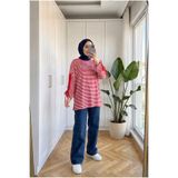 Kirazca Butik Kadın Yandan Büzgülü Kol Detaylı Çizgili Oversize Penye Tunik 75 cm