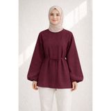 Kirazgym Kadın Beli Bağcıklı Uzun Kollu Tesettür Bluz Tunik - Bordo