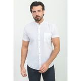 Kırçıllı Beyaz Renk Slim Fit Hakim Yaka Kısa Kollu Keten Erkek Gömlek