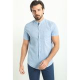 Kırçıllı Mavi Renk Slim Fit Hakim Yaka Kısa Kollu Keten Erkek Gömlek