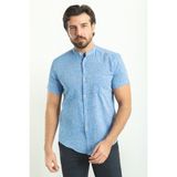 Kırçıllı Saks Rengi Slim Fit Hakim Yaka Kısa Kollu Keten Erkek Gömlek - 2XL