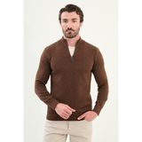 Kırçıllı Slim Fit Fermuarlı Yarım Balıkçı Yaka Erkek Triko Kazak - Kamel