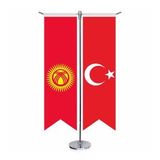 Kırgızistan Cumhuriyeti Bayrağı ve Türkiye - Kırlangıç - Saten T direk 2li Masa Bayrağı
