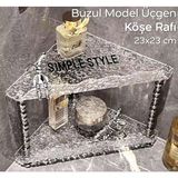 Kırık Cam Desenli Şeffaf 2 Katlı Köşe Rafı, 23X23 Cm, Şık ve Modern - Ahşap - Bej - Siyah