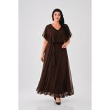 KIRIŞIK Şifon V Yaka Pelerinli Moda Renk Kahverengi Büyük Beden Abiye Elbise