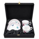 Kirkham Butterfly 2 Kişilik Espresso Fincan Takımı, İnce Kemik Çini Porselen, Beyaz Pembe, Kelebek Desenli, Kadife Kutulu