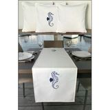 Kırlent Kılıfı 45X45 3'Lü Set + 145X40 Runner Marin Nakışlı Deniz Atı Desen Su İtici Outdoor Keten