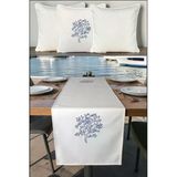 Kırlent Kılıfı 45X45 3'Lü Set + 145X40 Runner Marin Nakışlı Yosun Desen Su İtici Outdoor Keten