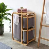 Kirli Çamaşir Sepeti Ahşap - Bambu 3 Organizer Bölmeli Kumaş Çantali 50X30x70cm (5047)