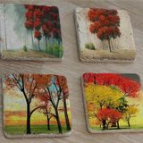 Kırmızı Ağaçlar Doğal Taş Bardak Altlığı 4'lü set - Natural Stone Coasters