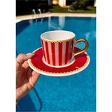 Kırmızı Altın Desenli 130 ml 2'li Seramik Espresso Fincan Takımı - Seçenek 1