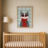 Kırmızı Atkılı Kedi Çocuk Odası Duvar Posteri Çerçeveli Tablo Duvar Dekorasyonu - 30 x 40 - Ahşap Çerçeveli