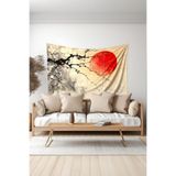 Kırmızı Ay ve Dallar Desenli Duvar Halısı Duvar Örtüsü Tapestry Süetimsi Dokulu%100 Polyester Kumaş