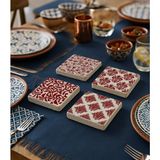 Kırmızı Beyaz Avangart Desenli Doğal Taş Bardak Altlığı 4’lü Set, Şık Masa Sunum Ürünü - 10 x 10 cm