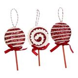 Kırmızı Beyaz Noel Şeker Temalı Ağaç Süsü, Simli Yılbaşı Topu, Kurdele Detaylı, 3'li Set 15 cm