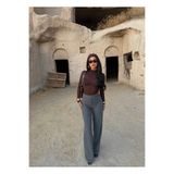 kırmızı butiks Gri Wide Leg Dokuma Kumaş Pantolon
