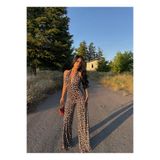 kırmızı butiks Leopar Amber Boyundan Geçmeli Tulum