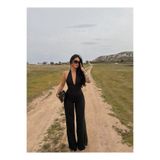 kırmızı butiks Siyah Amber Boyundan Geçmeli Tulum