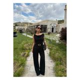kırmızı butiks Siyah Kayık Yaka Kemerli Tulum