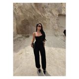 kırmızı butiks Siyah Luxe Drapeli Askılı Tulum