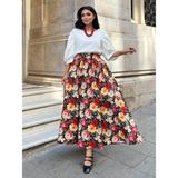 Kırmızı Büyük Gül Desenli Kloş Balon Etek - Kırmızı - Sarı - L - XL