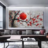 Kırmızı Çiçekli Sakura Kanvas Tablo – Asya Tarzı Duvar Dekoru – Oturma Odası - 60 x 120 - Çok Renkli
