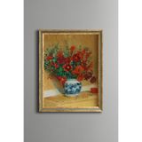 Kırmızı Çiçekli Vazoda Natürmort - Vintage Desenli Çerçeve - İnce Model, Altın4, 15 x 21