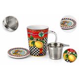 Kırmızı Damalı Vintage Porselen Süzgeçli Çay Kupası Kapaklı Süzgeçli Limon Desenli 8.4x12.3cm