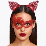 Kırmızı Dantel Maske ve Taç Seti 1 No - Kostüm Seti