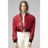 Kırmızı Dericlub Wm036 Ribanalı Gerçek Deri Crop Mont