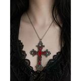 Kırmızı Detaylı Gotik Haç Kolye Unisex Metal Zincirli