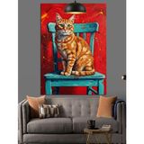 Kırmızı Duvar Mavi Sandalyede Oturan Kedi Dekoratif Kanvas - Mdf Ahşap Tablo
