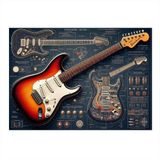 Kırmızı Elektro Gitar Planı Modern Ahşap Tablo 25cmX 35cm