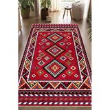 Kırmızı Etnik Kilim Desenli Dijital Baskılı Kaymaz Taban Yıkanabilir Halı 200 X 300 Cm Kırmızı