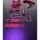 Kırmızı Fantezi Set, Kırbaç Kelepçe Tasma Maske Takım