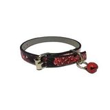 Kırmızı Floral Desenli Derili 1 Cm Metal Kilit Tokalı Zilli Kedi Tasması