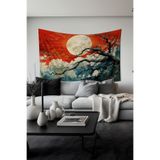 Kırmızı Gece Desenli Duvar Halısı Duvar Örtüsü Tapestry Süetimsi Dokulu%100 Polyester Kumaş