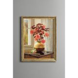Kırmızı Gelincikler ve Dekoratif Vazo - Vintage Desenli Çerçeve - İnce Model, Altın4, 21 x 30