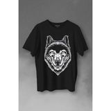 Kırmızı Gözlü Vahşi Kurt Kafası Wolf Head Bozkurt Baskılı Tişört Unisex T-Shirt - Siyah