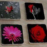 Kırmızı Gül ve Gerbera Doğal Taş Bardak Altlığı 4'lü set - Natural Stone Coasters