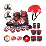 Kırmızı Işıklı Teker Ayarlanabilir Çocuk Alıştırma Paten 2 Fonksiyon Çakarlı Kask Dizlik Set - 30-33
