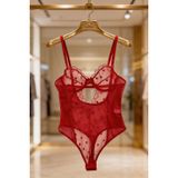 Kırmızı Kalp Nakışlı Transparan Tül Kadın Bodysuit