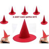Kırmızı Keçe Cadı Şapkası Yetişkin Uyumlu 6 Adet
