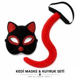 Kırmızı Kedi Maske Ve Kuyruk Seti Parti Kostüm Aksesuarı (5643)