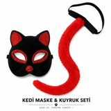 Kırmızı Kedi Maske Ve Kuyruk Seti Parti Kostüm Aksesuarı