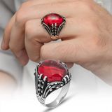 Kırmızı Lal Taşlı Oval 925 Gümüş Erkek Yüzük