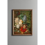 Kırmızı Lale ve Leylaklar - Vintage Desenli Çerçeve - İnce Model, Altın2, 15 x 21