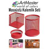 Kırmızı Masaüstü Fileli Kalemlik Seti 3 Parça 1 Paket 3 Lü Masa Üstü Düzenleyici Kalemlik Küp Notluk Ataşlık